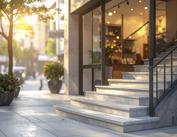 Modern building entrance with stairs, glass facade, and plants in warm evening light, empty storefront entrance with a gently stairs access, modern building with glass facade, blurred background, soft sunlight at evening, no people, AI generated