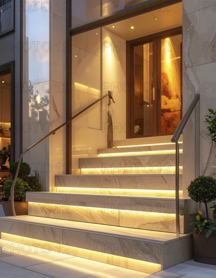 Modern building entrance with stairs, glass facade, and plants in warm evening light, empty storefront entrance with a gently stairs access, modern building with glass facade, blurred background, soft sunlight at evening, no people, AI generated
