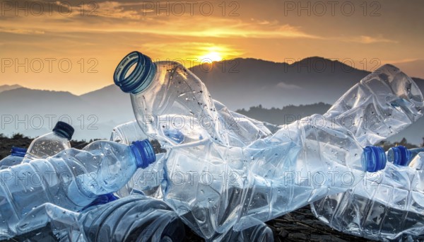 Crushed plastic water bottle waste in a wild landscape, symbol for nature protection, waste avoidance, recycling and ecology concepts on earth environment, AI generated