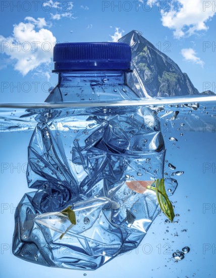 Crushed plastic water bottle waste in a wild landscape, symbol for nature protection, waste avoidance, recycling and ecology concepts on earth environment, AI generated