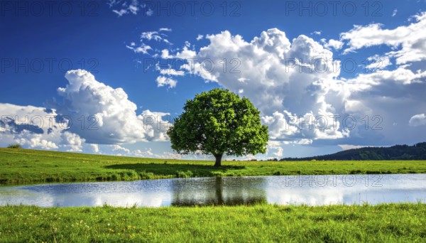 Single and lonely tree near to a lake, meadow and lot of wild grass around, hilly wilderness landscape with blue sky, beautiful clouds on the horizon, nobody around, concept of freedom, traveling and beauty of nature, AI generated