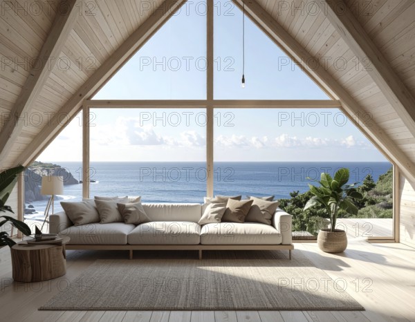 Peaceful A-frame cabin interior with ocean views, real estate lifestyle and travel destination, Comfortable minimalist sanctuary embraced by natural beauty and stunning coastal scenery, clear blue sky, AI generated