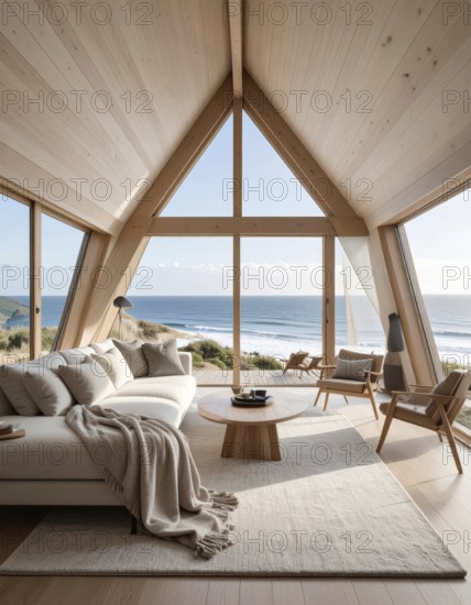 Peaceful A-frame cabin interior with ocean views, real estate lifestyle and travel destination, Comfortable minimalist sanctuary embraced by natural beauty and stunning coastal scenery, clear blue sky, AI generated