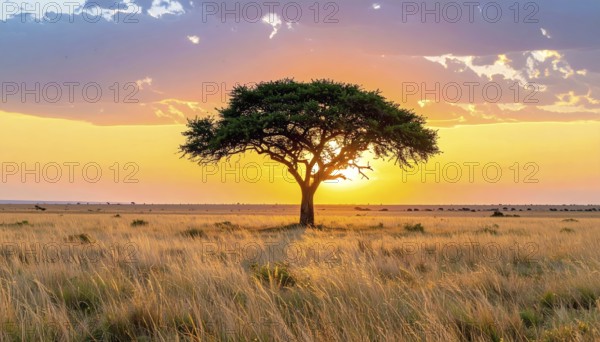 Single acacia tree in the savannah at sunset, solitude in the wild, dry grass in the foreground, yellow sky with colorful clouds, AI generated