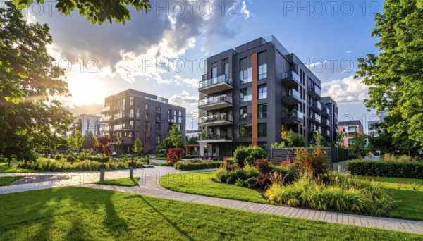 New modern block of flat, condo architecture, Residential apartment as a flat, luxury house complex, City real estate property, green garden plants in front, clear blue sky with golden evening light, AI generated