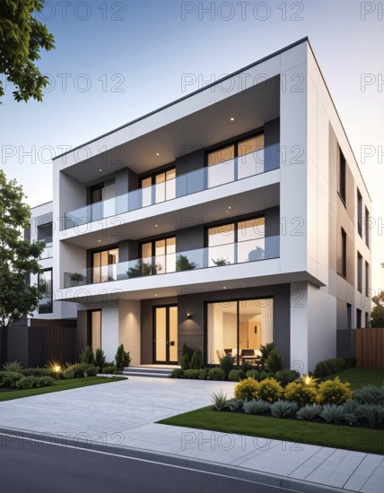 New modern block of flat, condo architecture, Residential apartment as a flat, luxury house complex, City real estate property, green garden plants in front, clear blue sky with golden evening light, AI generated