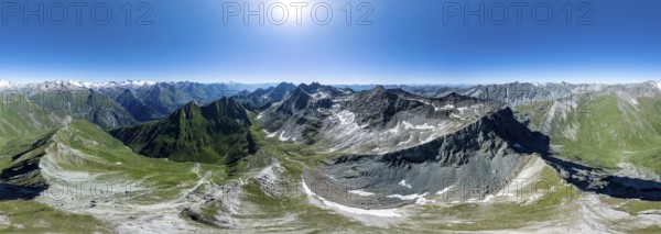 360° alpine panorama, aerial view with summit of Grossvenediger, Venediger Group and Lasörling Group, Hohe Tauern, Austria