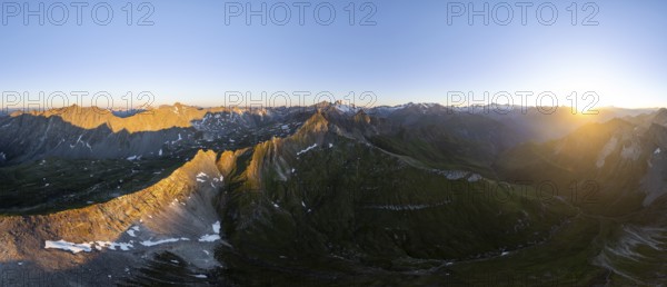 Sunrise 360° Alpine panorama, aerial view of Bachlenkenkopf, summit of the Großvenediger, Venediger Group and Lasörling Group, Hohe Tauern, Austria