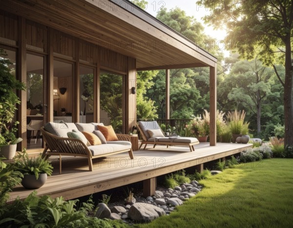An eco-friendly porch designed for sustainable living in an environmentally-conscious home, lush greenery, landscape bathed in warm sunlight, AI generated