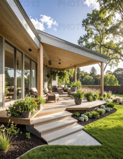 An eco-friendly porch designed for sustainable living in an environmentally-conscious home, lush greenery, landscape bathed in warm sunlight, AI generated