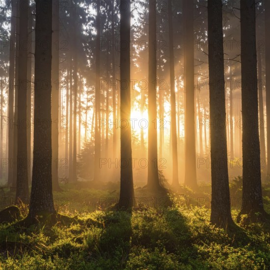 Sunlight streaming through a dense, misty forest, Fog covered forest in summer with mystic golden sunlight, spring morning landscape, backlight sunshine with sunbeams, AI generated
