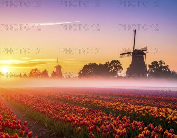 Fog covered landscape in sunrise with tulip fields and windmill in background, AI generated