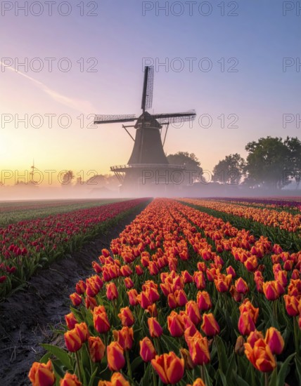 Fog covered landscape in sunrise with tulip fields and windmill in background, AI generated