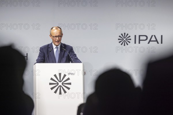 Federal Chancellor Friedrich Merz (CDU) . Portrait at the lectern with free text space. ground-breaking ceremony ceremony for the Artificial Intelligence Innovation Park (IPAI) . Heilbronn, Baden-Württemberg, Germany