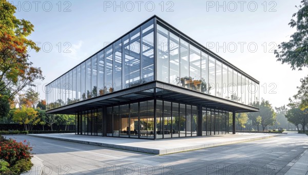 Modern architectural framework with glass and steel structure, glass facade with a greed of steel arrows, blue sky with a soft golden light of a sunrise, AI generated