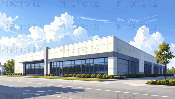 Modern supermarket building exterior against blue sky, Inviting white facade, some clouds, concept of shopping and consume, AI generated