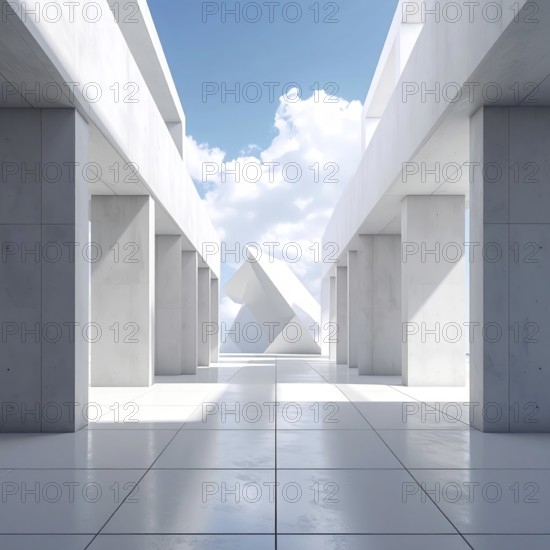 3d illustration of abstract modern architecture background, Minimal geometry architectural design, futuristic car presentation backdrop with empty concrete floor and clear simple lines, white and grey color tones, AI generated