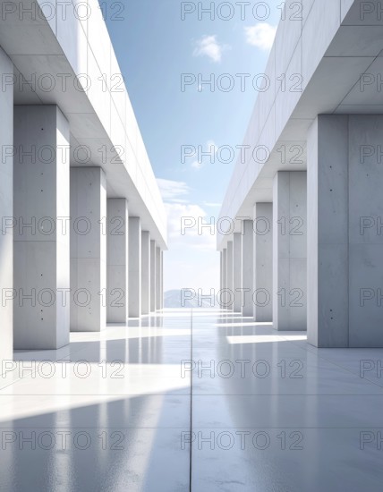 3d illustration of abstract modern architecture background, Minimal geometry architectural design, futuristic car presentation backdrop with empty concrete floor and clear simple lines, white and grey color tones, AI generated