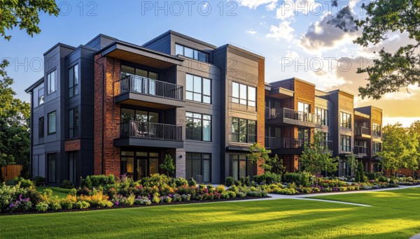 Modern apartment building with balconies and well-kept landscaping at sunset, Modern multifamily housing property with brick, siding facade features balconies, manicured lawns. Contemporary residential buildings offer urban living spaces, condominium options in scenic town, blue sky with a colorful sunrise, AI gererated, AI generated