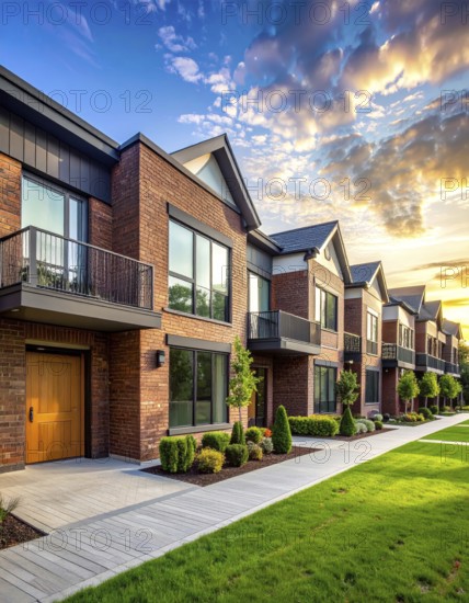 Modern apartment building with balconies and well-kept landscaping at sunset, Modern multifamily housing property with brick, siding facade features balconies, manicured lawns. Contemporary residential buildings offer urban living spaces, condominium options in scenic town, blue sky with a colorful sunrise, AI gererated, AI generated