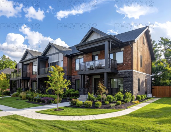 Modern apartment building with balconies and well-kept landscaping at sunset, Modern multifamily housing property with brick, siding facade features balconies, manicured lawns. Contemporary residential buildings offer urban living spaces, condominium options in scenic town, blue sky with a colorful sunrise, AI gererated, AI generated