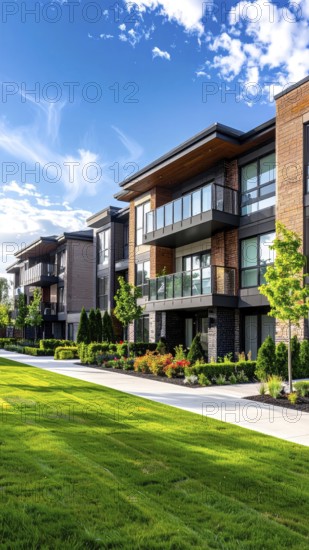 Modern apartment building with balconies and well-kept landscaping at sunset, Modern multifamily housing property with brick, siding facade features balconies, manicured lawns. Contemporary residential buildings offer urban living spaces, condominium options in scenic town, blue sky with a colorful sunrise, AI gererated, AI generated