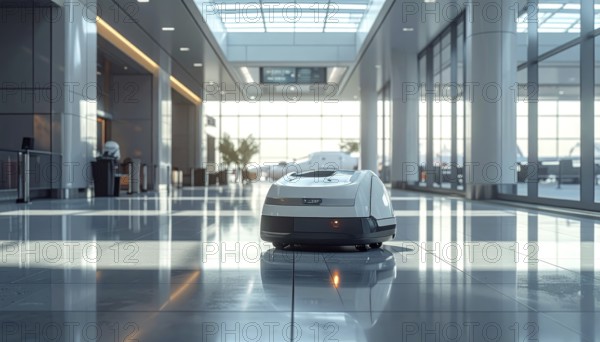 Autonomous cleaning roboter at modern airport terminal, showcasing advanced technology, daylight in the hall, the future of autonomous cleaning industry, AI generated