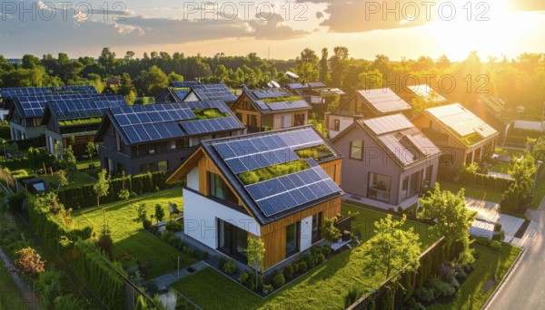 Aerial view showcases modern houses with solar panels and green roofs in a suburban setting, vibrant sunrise with blue sky, AI generated