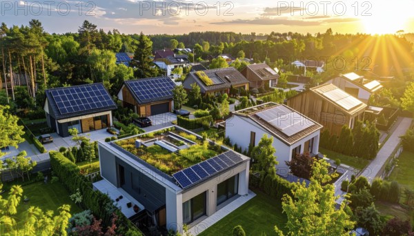 Aerial view showcases modern houses with solar panels and green roofs in a suburban setting, vibrant sunrise with blue sky, AI generated