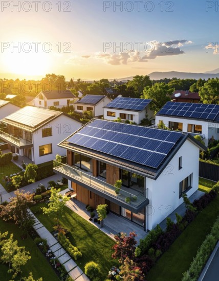 Aerial view showcases modern houses with solar panels and green roofs in a suburban setting, vibrant sunrise with blue sky, AI generated