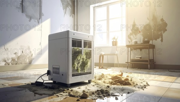 A specialized dehumidifier operates in a mold-infested room following water damage, Shell construction at construction site, AI generated