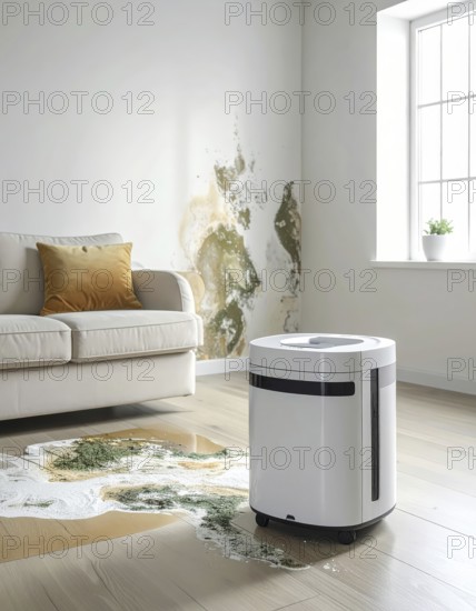 A specialized dehumidifier operates in a mold-infested room following water damage, Shell construction at construction site, AI generated