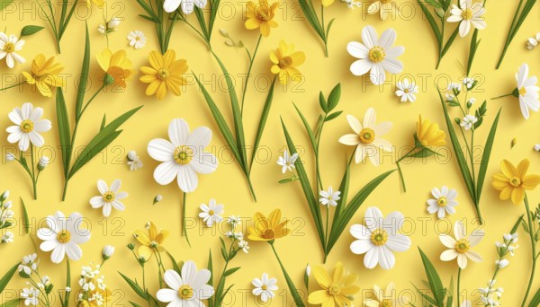 Vibrant wildflowers and grass create a colorful and joyful floral pattern, Variety of wild flowers, spring plant and grass seamless pattern, vibrant realistic vector illustration wallpaper, a spring natural colorful background as template or poster, AI generated