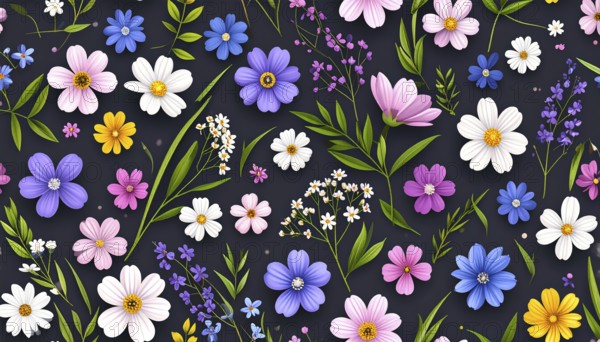 Vibrant wildflowers and grass create a colorful and joyful floral pattern, Variety of wild flowers, spring plant and grass seamless pattern, vibrant realistic vector illustration wallpaper, a spring natural colorful background as template or poster, AI generated