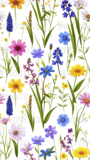 Vibrant wildflowers and grass create a colorful and joyful floral pattern, Variety of wild flowers, spring plant and grass seamless pattern, vibrant realistic vector illustration wallpaper, a spring natural colorful background as template or poster, AI generated