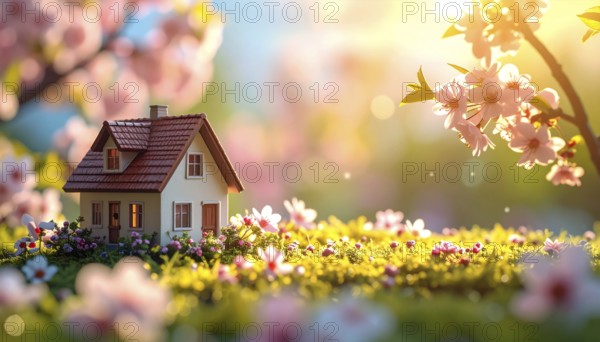 A miniature house surrounded by blooming cherry blossoms and warm sunlight, creating a peaceful and idyllic spring atmosphere, toy house on blossom cherry flowers, spring natural background. concept of mortgage, construction, rental, family and property, AI generated