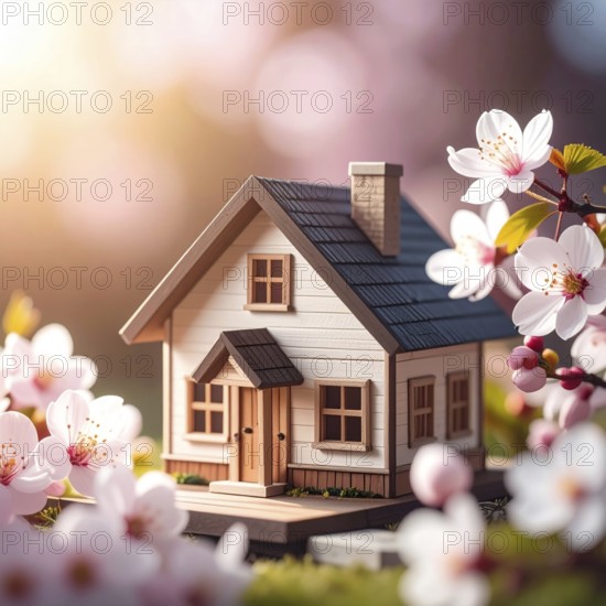 A miniature house surrounded by blooming cherry blossoms and warm sunlight, creating a peaceful and idyllic spring atmosphere, toy house on blossom cherry flowers, spring natural background. concept of mortgage, construction, rental, family and property, AI generated