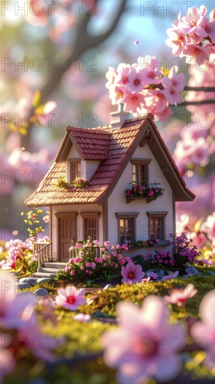 A miniature house surrounded by blooming cherry blossoms and warm sunlight, creating a peaceful and idyllic spring atmosphere, toy house on blossom cherry flowers, spring natural background. concept of mortgage, construction, rental, family and property, AI generated