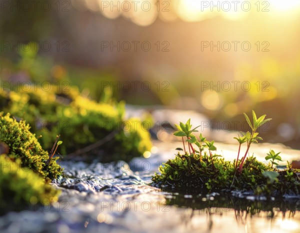 Beautiful spring detailed stream of fresh water, vibrant blooming young green plants, wallpaper banner for springtime and summer nature concept, AI generated