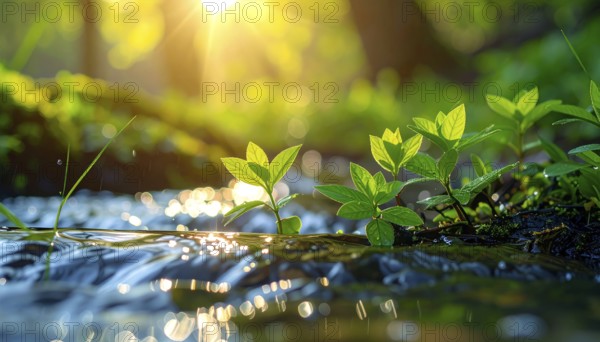 Beautiful spring detailed stream of fresh water, vibrant blooming young green plants, wallpaper banner for springtime and summer nature concept, AI generated