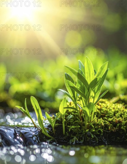 Beautiful spring detailed stream of fresh water, vibrant blooming young green plants, wallpaper banner for springtime and summer nature concept, AI generated