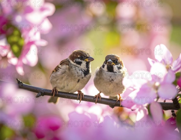 Small funny Sparrow Chicks sit in the garden surrounded by pink Apple blossoms on a Sunny may day, AI generated