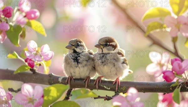 Small funny Sparrow Chicks sit in the garden surrounded by pink Apple blossoms on a Sunny may day, AI generated
