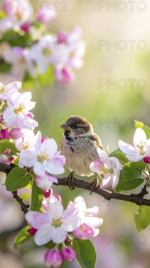 Small funny Sparrow Chicks sit in the garden surrounded by pink Apple blossoms on a Sunny may day, AI generated
