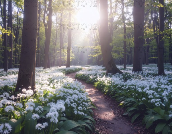 A tranquil forest path lined with white flowers, surrounded by tall trees and bathed in soft sunlight, Pathway through the forest with blooming wild garlic (Allium ursinum) sunny summer day, AI generated
