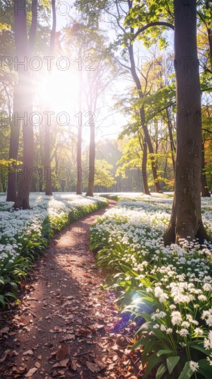 A tranquil forest path lined with white flowers, surrounded by tall trees and bathed in soft sunlight, Pathway through the forest with blooming wild garlic (Allium ursinum) sunny summer day, AI generated
