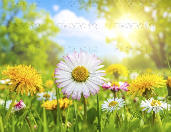A sunny meadow with daisies in full bloom under bright sunlight, creating a vibrant and cheerful atmosphere, Blooming meadow with lots of white and pink spring daisy flowers and yellow dandelions, sunny day with blue clear sky, beautiful landscape in blurred background, fresh spring and summer nature concept, AI generated