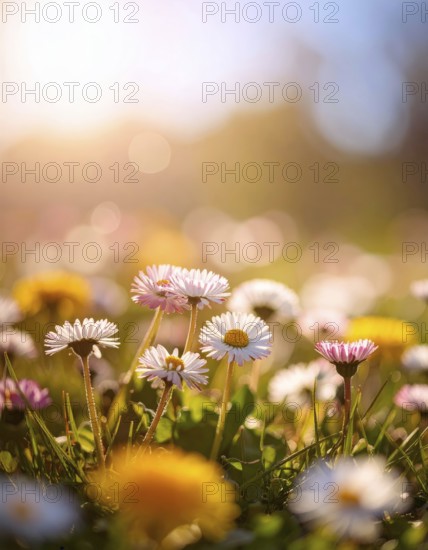 A sunny meadow with daisies in full bloom under bright sunlight, creating a vibrant and cheerful atmosphere, Blooming meadow with lots of white and pink spring daisy flowers and yellow dandelions, sunny day with blue clear sky, beautiful landscape in blurred background, fresh spring and summer nature concept, AI generated