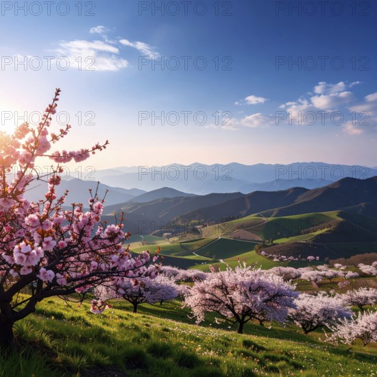 Landscape with a blooming apricot tree, idilyc spring nature, green grass and mountains in background, blue cloudy sky in sunset web banner spring time concept, AI generated