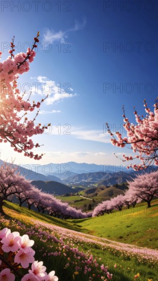 Landscape with a blooming apricot tree, idilyc spring nature, green grass and mountains in background, blue cloudy sky in sunset web banner spring time concept, AI generated